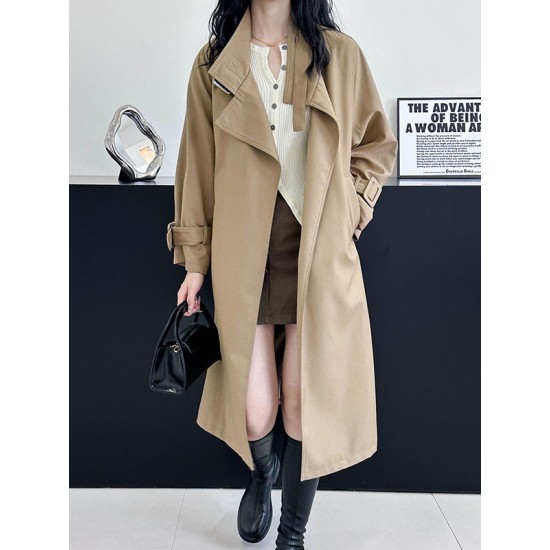 Buckle Pockets Solid Color Split-Back Tied Waist Long Sleeves Loose Lapel Trench Coats Buckle Pockets Solid Color Split-Back Tied Waist Long Sleeves Loose Lapel Trench Coats