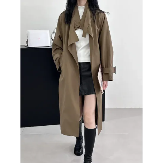Buckle Pockets Solid Color Split-Back Tied Waist Long Sleeves Loose Lapel Trench Coats Buckle Pockets Solid Color Split-Back Tied Waist Long Sleeves Loose Lapel Trench Coats