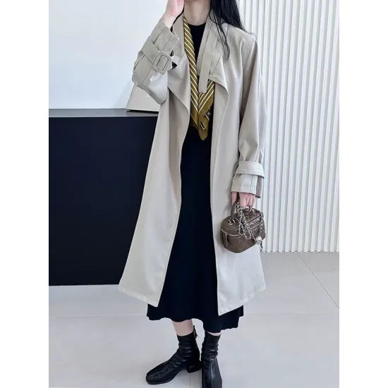 Buckle Pockets Solid Color Split-Back Tied Waist Long Sleeves Loose Lapel Trench Coats Buckle Pockets Solid Color Split-Back Tied Waist Long Sleeves Loose Lapel Trench Coats