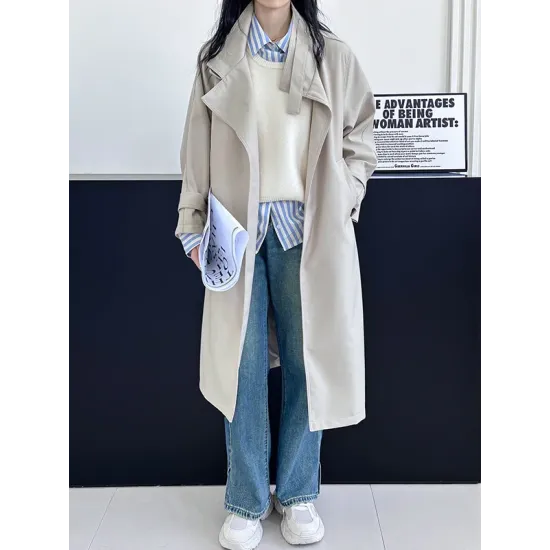 Buckle Pockets Solid Color Split-Back Tied Waist Long Sleeves Loose Lapel Trench Coats Buckle Pockets Solid Color Split-Back Tied Waist Long Sleeves Loose Lapel Trench Coats