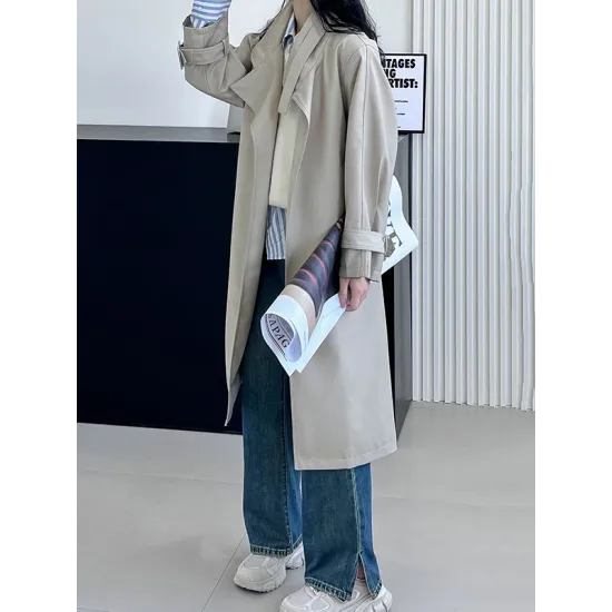 Buckle Pockets Solid Color Split-Back Tied Waist Long Sleeves Loose Lapel Trench Coats Buckle Pockets Solid Color Split-Back Tied Waist Long Sleeves Loose Lapel Trench Coats
