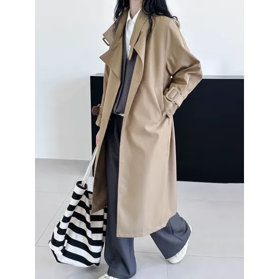 Buckle Pockets Solid Color Split-Back Tied Waist Long Sleeves Loose Lapel Trench Coats Buckle Pockets Solid Color Split-Back Tied Waist Long Sleeves Loose Lapel Trench Coats