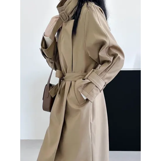 Buckle Pockets Solid Color Split-Back Tied Waist Long Sleeves Loose Lapel Trench Coats Buckle Pockets Solid Color Split-Back Tied Waist Long Sleeves Loose Lapel Trench Coats