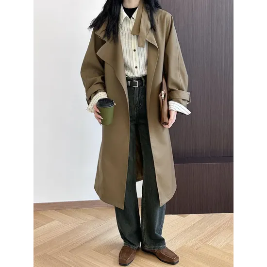 Buckle Pockets Solid Color Split-Back Tied Waist Long Sleeves Loose Lapel Trench Coats Buckle Pockets Solid Color Split-Back Tied Waist Long Sleeves Loose Lapel Trench Coats