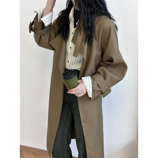 Buckle Pockets Solid Color Split-Back Tied Waist Long Sleeves Loose Lapel Trench Coats Buckle Pockets Solid Color Split-Back Tied Waist Long Sleeves Loose Lapel Trench Coats