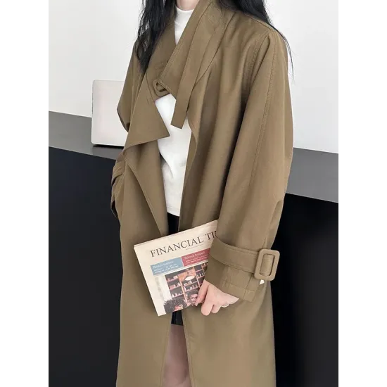 Buckle Pockets Solid Color Split-Back Tied Waist Long Sleeves Loose Lapel Trench Coats Buckle Pockets Solid Color Split-Back Tied Waist Long Sleeves Loose Lapel Trench Coats