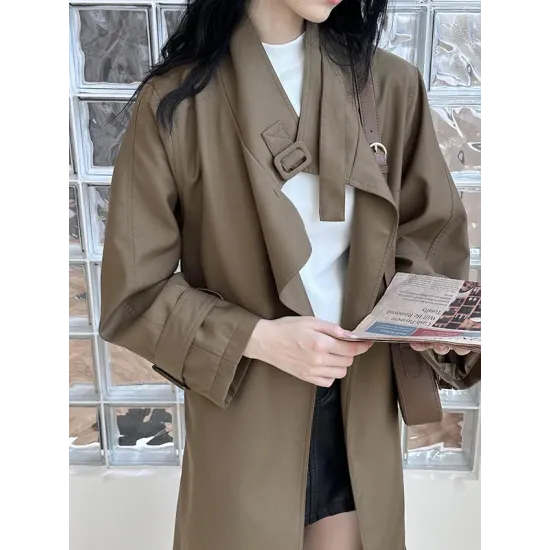 Buckle Pockets Solid Color Split-Back Tied Waist Long Sleeves Loose Lapel Trench Coats Buckle Pockets Solid Color Split-Back Tied Waist Long Sleeves Loose Lapel Trench Coats