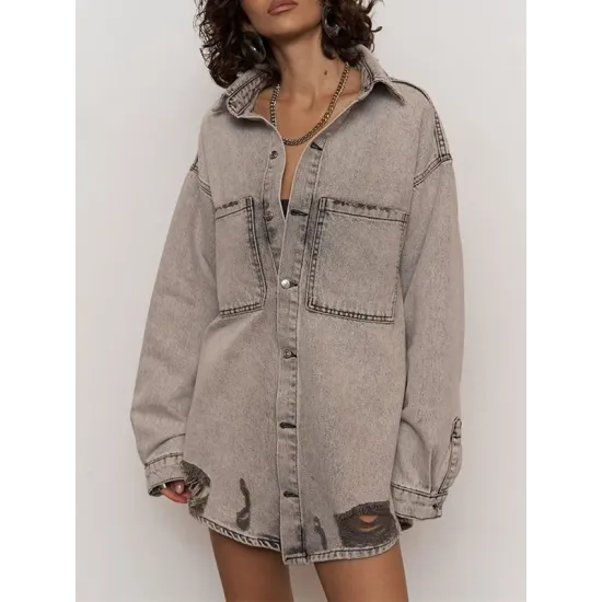 Buttoned Hollow Pockets Split-Joint Long Sleeves Loose Lapel Jackets