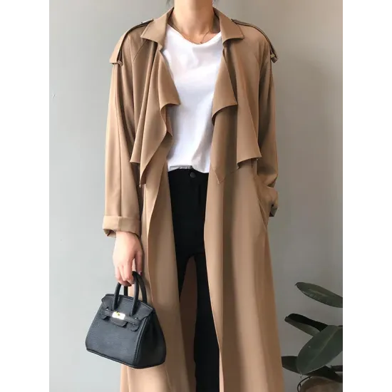 Khaki&Black Vintage Notched Collar Thin Trench Coat Khaki&Black Vintage Notched Collar Thin Trench Coat