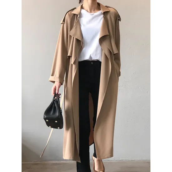 Khaki&Black Vintage Notched Collar Thin Trench Coat Khaki&Black Vintage Notched Collar Thin Trench Coat