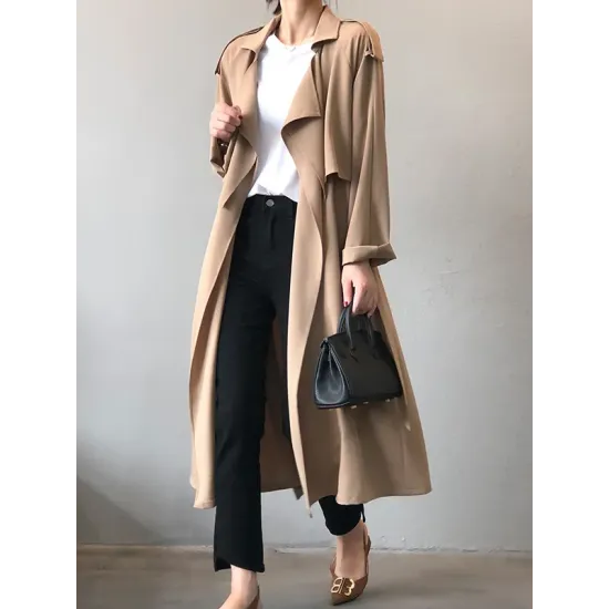 Khaki&Black Vintage Notched Collar Thin Trench Coat Khaki&Black Vintage Notched Collar Thin Trench Coat