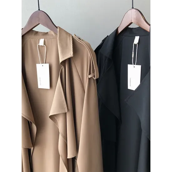 Khaki&Black Vintage Notched Collar Thin Trench Coat Khaki&Black Vintage Notched Collar Thin Trench Coat