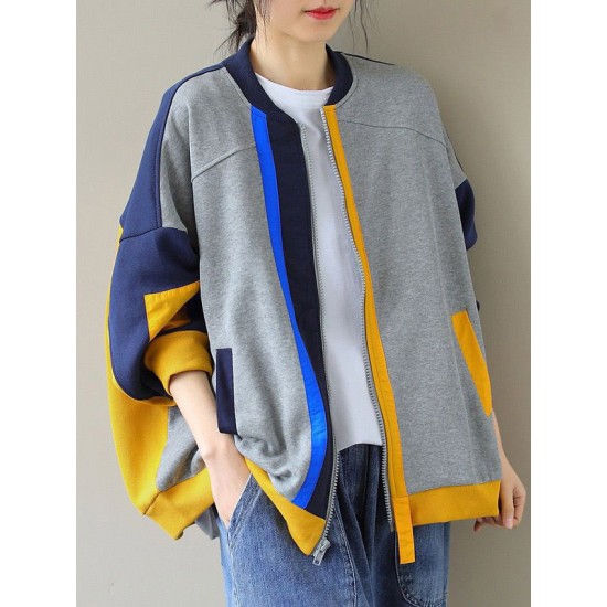 Casual Loose Contrast Color Split-Joint Stand Collar Long Sleeves Outwear Casual Loose Contrast Color Split-Joint Stand Collar Long Sleeves Outwear