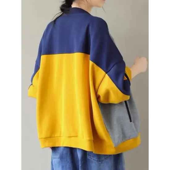 Casual Loose Contrast Color Split-Joint Stand Collar Long Sleeves Outwear Casual Loose Contrast Color Split-Joint Stand Collar Long Sleeves Outwear