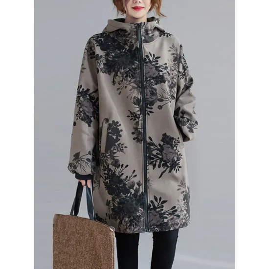 Artistic Retro Loose Floral Printed Hooded Long Sleeves Outwear Artistic Retro Loose Floral Printed Hooded Long Sleeves Outwear