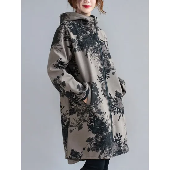 Artistic Retro Loose Floral Printed Hooded Long Sleeves Outwear Artistic Retro Loose Floral Printed Hooded Long Sleeves Outwear