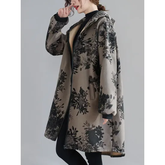 Artistic Retro Loose Floral Printed Hooded Long Sleeves Outwear Artistic Retro Loose Floral Printed Hooded Long Sleeves Outwear