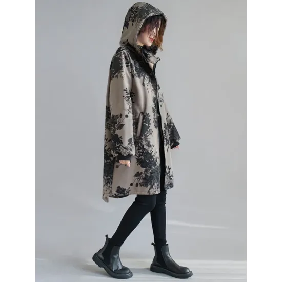 Artistic Retro Loose Floral Printed Hooded Long Sleeves Outwear Artistic Retro Loose Floral Printed Hooded Long Sleeves Outwear