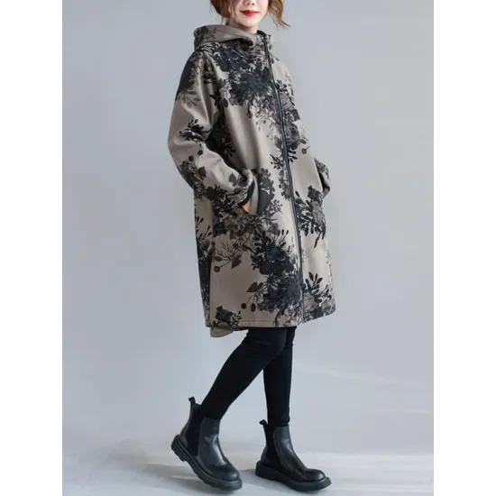 Artistic Retro Loose Floral Printed Hooded Long Sleeves Outwear Artistic Retro Loose Floral Printed Hooded Long Sleeves Outwear