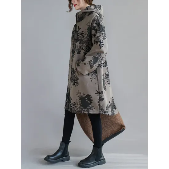 Artistic Retro Loose Floral Printed Hooded Long Sleeves Outwear Artistic Retro Loose Floral Printed Hooded Long Sleeves Outwear