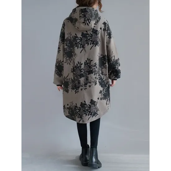 Artistic Retro Loose Floral Printed Hooded Long Sleeves Outwear Artistic Retro Loose Floral Printed Hooded Long Sleeves Outwear