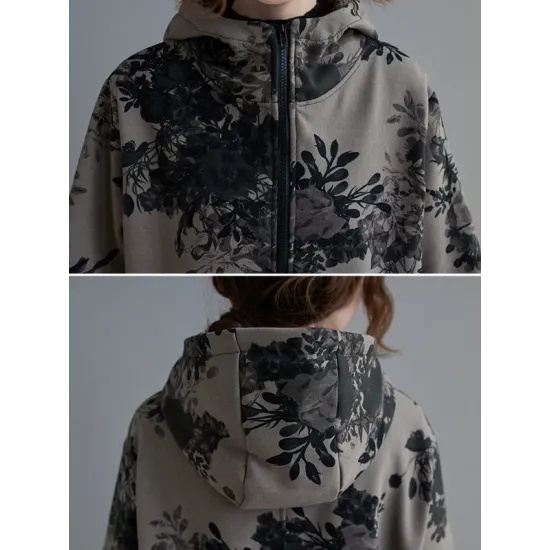 Artistic Retro Loose Floral Printed Hooded Long Sleeves Outwear Artistic Retro Loose Floral Printed Hooded Long Sleeves Outwear