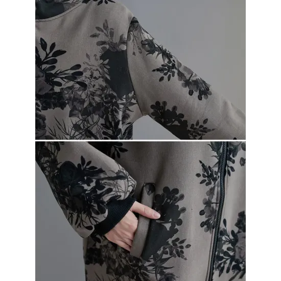 Artistic Retro Loose Floral Printed Hooded Long Sleeves Outwear Artistic Retro Loose Floral Printed Hooded Long Sleeves Outwear