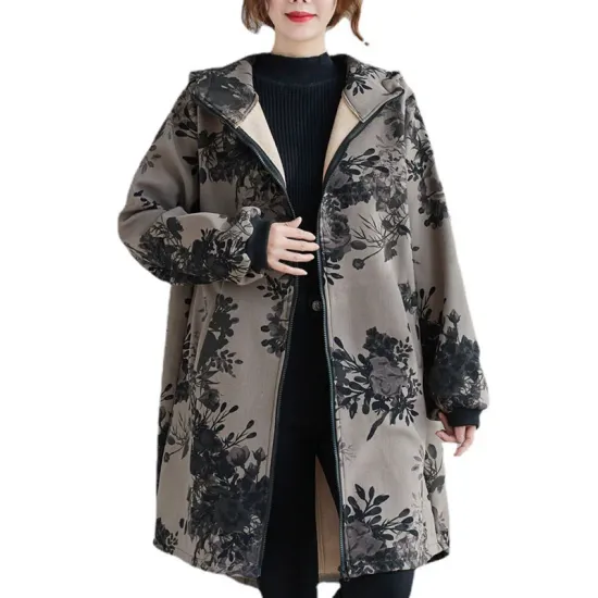 Artistic Retro Loose Floral Printed Hooded Long Sleeves Outwear Artistic Retro Loose Floral Printed Hooded Long Sleeves Outwear