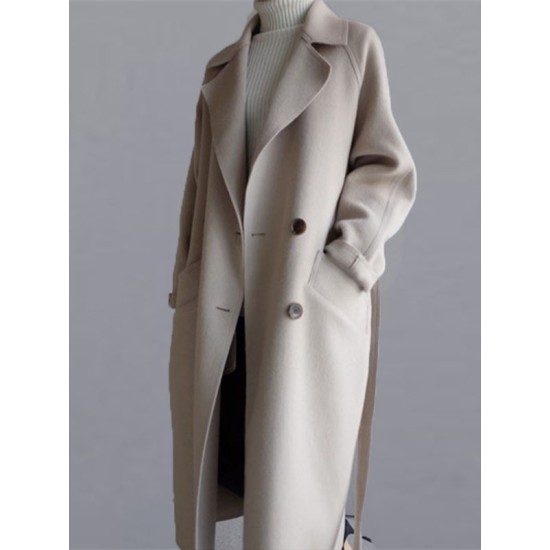 Urban Loose Solid Color Belted Woolen Coat Urban Loose Solid Color Belted Woolen Coat