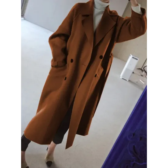 Urban Loose Solid Color Belted Woolen Coat Urban Loose Solid Color Belted Woolen Coat