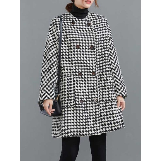 Loose Houndstooth Buttoned Round-Neck Long Sleeves Woolen Coat Loose Houndstooth Buttoned Round-Neck Long Sleeves Woolen Coat
