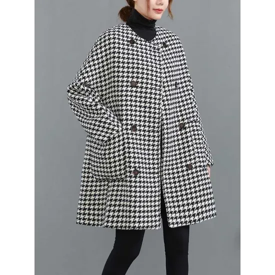 Loose Houndstooth Buttoned Round-Neck Long Sleeves Woolen Coat Loose Houndstooth Buttoned Round-Neck Long Sleeves Woolen Coat