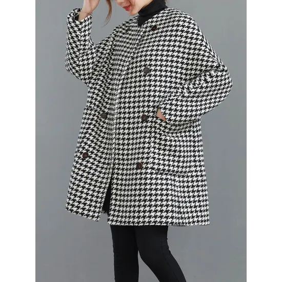 Loose Houndstooth Buttoned Round-Neck Long Sleeves Woolen Coat Loose Houndstooth Buttoned Round-Neck Long Sleeves Woolen Coat