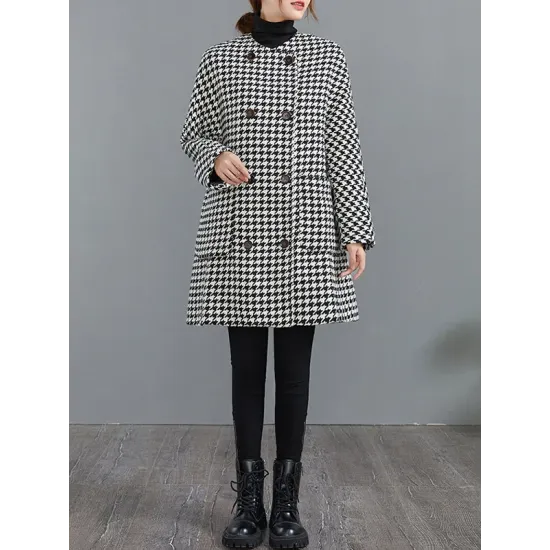 Loose Houndstooth Buttoned Round-Neck Long Sleeves Woolen Coat Loose Houndstooth Buttoned Round-Neck Long Sleeves Woolen Coat