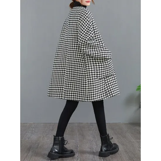 Loose Houndstooth Buttoned Round-Neck Long Sleeves Woolen Coat Loose Houndstooth Buttoned Round-Neck Long Sleeves Woolen Coat