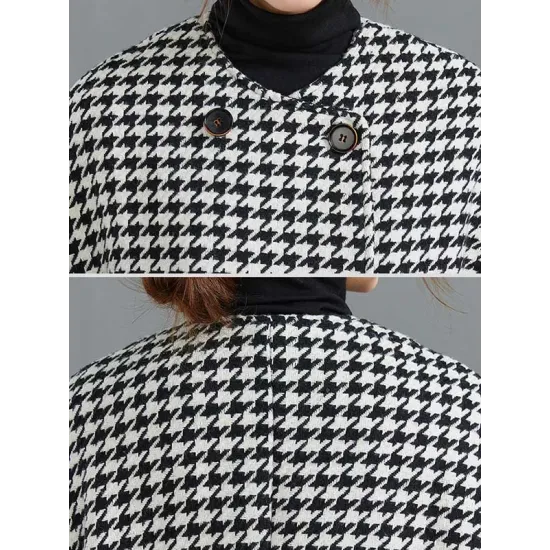 Loose Houndstooth Buttoned Round-Neck Long Sleeves Woolen Coat Loose Houndstooth Buttoned Round-Neck Long Sleeves Woolen Coat