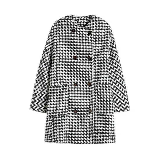 Loose Houndstooth Buttoned Round-Neck Long Sleeves Woolen Coat Loose Houndstooth Buttoned Round-Neck Long Sleeves Woolen Coat