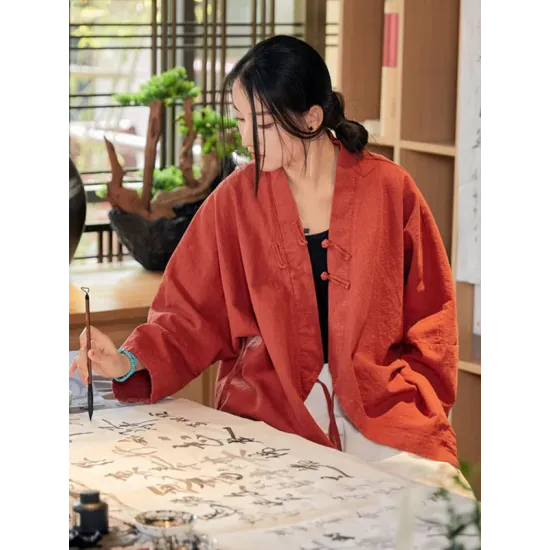 Vintage Long Sleeves Loose Buttoned Tied Solid Color V-Neck Outerwear Vintage Long Sleeves Loose Buttoned Tied Solid Color V-Neck Outerwear