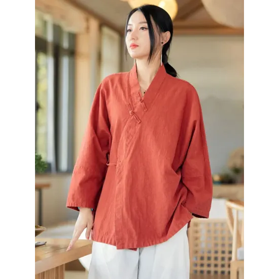 Vintage Long Sleeves Loose Buttoned Tied Solid Color V-Neck Outerwear Vintage Long Sleeves Loose Buttoned Tied Solid Color V-Neck Outerwear