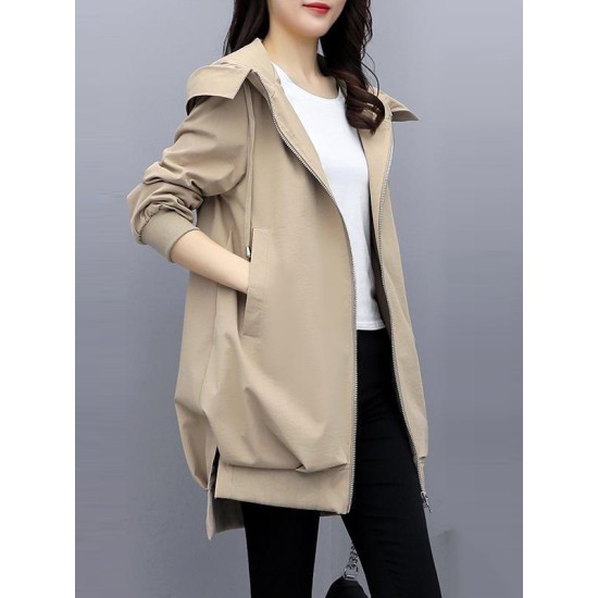 Casual Loose 4 Colors Pleated Zipper Hooded Long Sleeves Outwear Casual Loose 4 Colors Pleated Zipper Hooded Long Sleeves Outwear