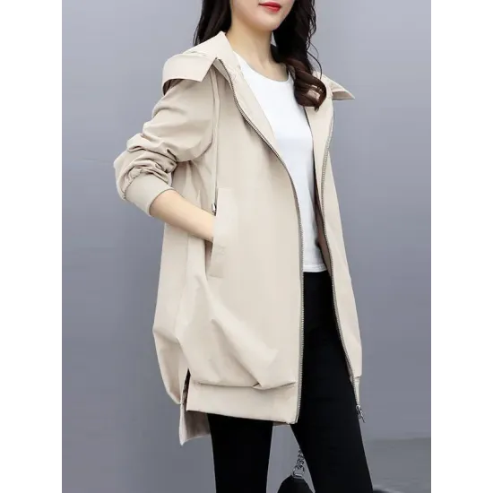 Casual Loose 4 Colors Pleated Zipper Hooded Long Sleeves Outwear Casual Loose 4 Colors Pleated Zipper Hooded Long Sleeves Outwear