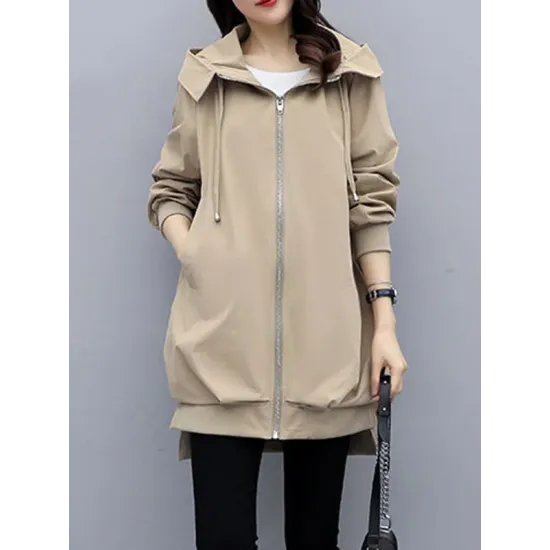 Casual Loose 4 Colors Pleated Zipper Hooded Long Sleeves Outwear Casual Loose 4 Colors Pleated Zipper Hooded Long Sleeves Outwear