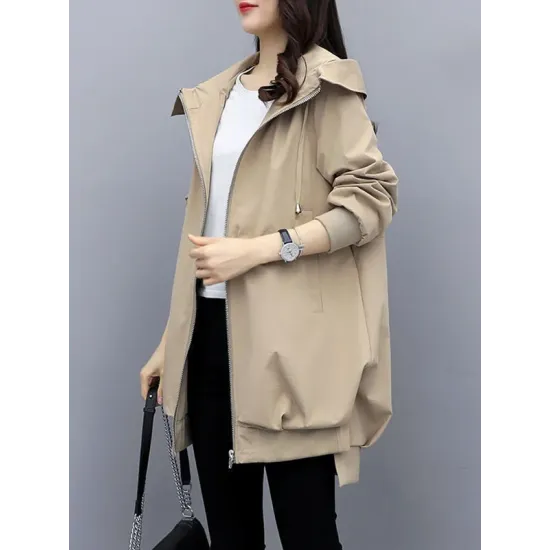 Casual Loose 4 Colors Pleated Zipper Hooded Long Sleeves Outwear Casual Loose 4 Colors Pleated Zipper Hooded Long Sleeves Outwear