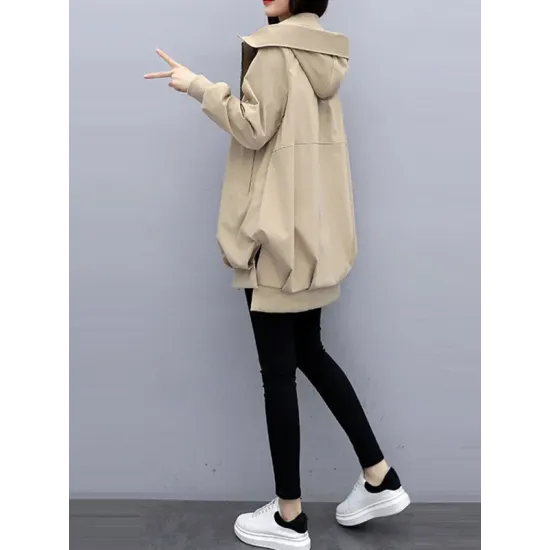 Casual Loose 4 Colors Pleated Zipper Hooded Long Sleeves Outwear Casual Loose 4 Colors Pleated Zipper Hooded Long Sleeves Outwear