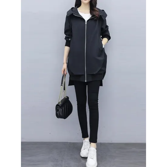 Casual Loose 4 Colors Pleated Zipper Hooded Long Sleeves Outwear Casual Loose 4 Colors Pleated Zipper Hooded Long Sleeves Outwear