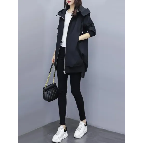 Casual Loose 4 Colors Pleated Zipper Hooded Long Sleeves Outwear Casual Loose 4 Colors Pleated Zipper Hooded Long Sleeves Outwear