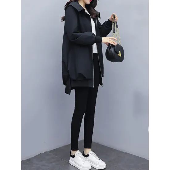 Casual Loose 4 Colors Pleated Zipper Hooded Long Sleeves Outwear Casual Loose 4 Colors Pleated Zipper Hooded Long Sleeves Outwear