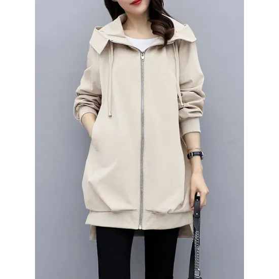 Casual Loose 4 Colors Pleated Zipper Hooded Long Sleeves Outwear Casual Loose 4 Colors Pleated Zipper Hooded Long Sleeves Outwear