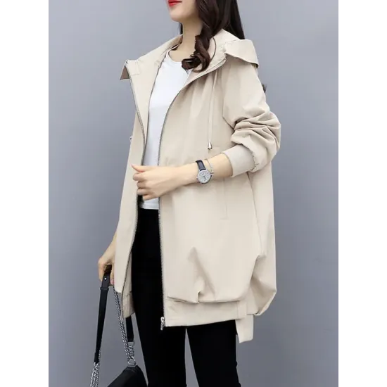 Casual Loose 4 Colors Pleated Zipper Hooded Long Sleeves Outwear Casual Loose 4 Colors Pleated Zipper Hooded Long Sleeves Outwear
