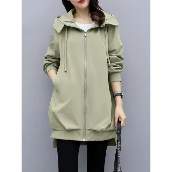 Casual Loose 4 Colors Pleated Zipper Hooded Long Sleeves Outwear Casual Loose 4 Colors Pleated Zipper Hooded Long Sleeves Outwear